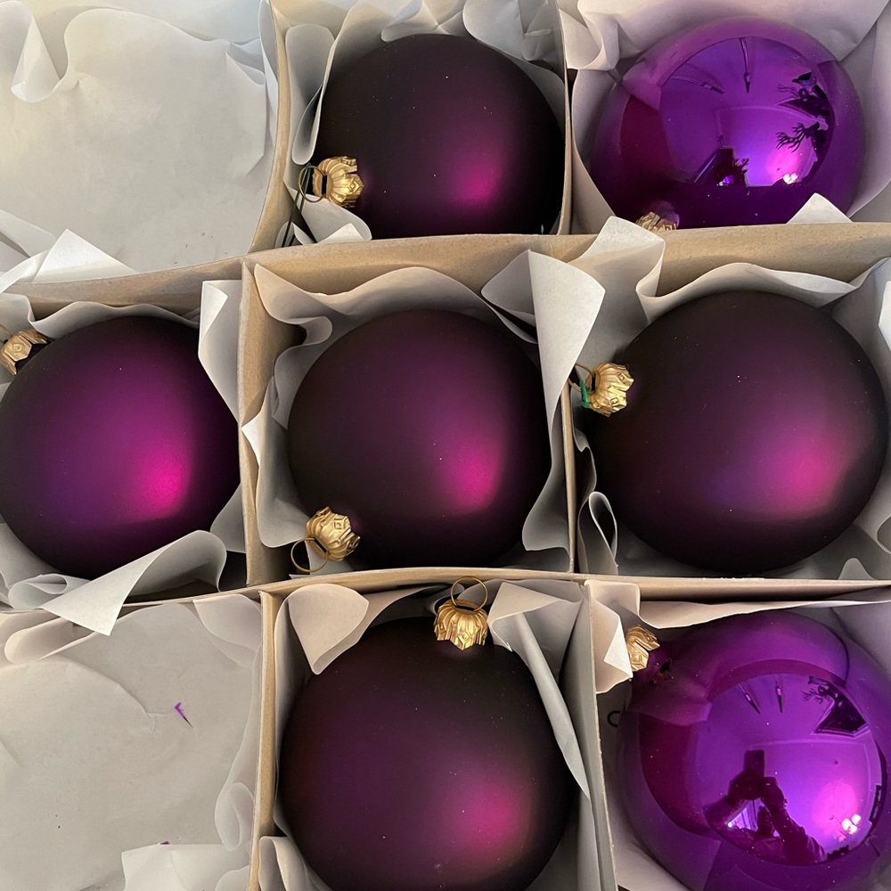 7 purple glass Christmas ornaments, made in Germany
